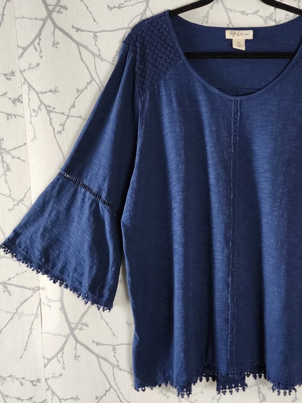 Style & Co Navy Cotton Crochet Trim Bell Sleeve Top